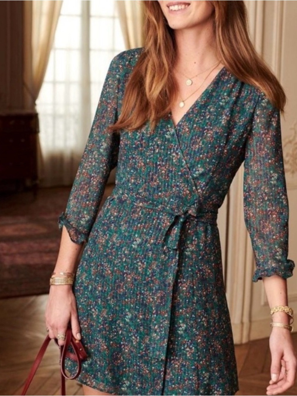 Sézane Robe Elsa Green Flower Print Wrap Dress